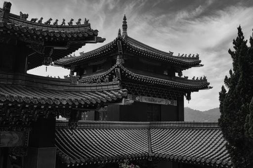 Wen Wu Temple at Sun Moon Lake, Taiwan. Converted to black and white with a hint of green and red.