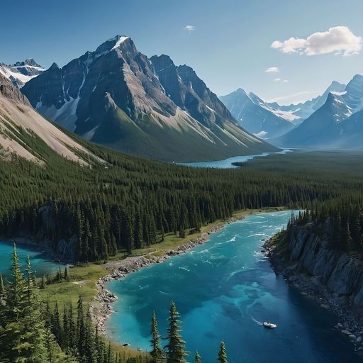A breathtaking scenic landscape featuring tall pine trees and snow-capped mountain peaks in the backdrop