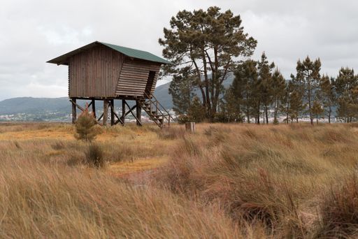 A small wooden hut in steppe on a cloudy day
