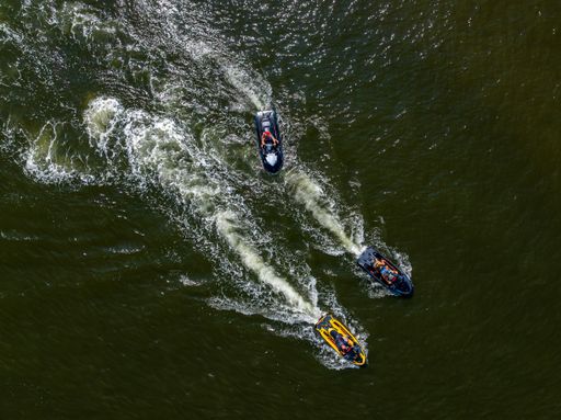 An aerial view of jetskiers at Great South Bay on Long Island, New York during a sunny day