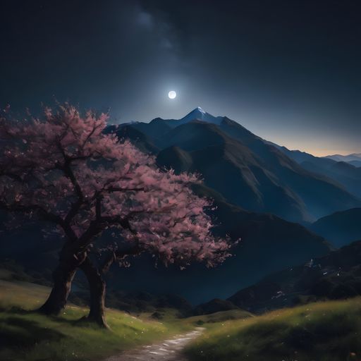 A tranquil scene showing the night sky with a path illuminated by moonlight leading to a majestic mountain range and lush trees