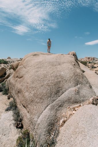 A mature man stands on a large rock formation, looking up at the expansive blue sky and fluffy white clouds