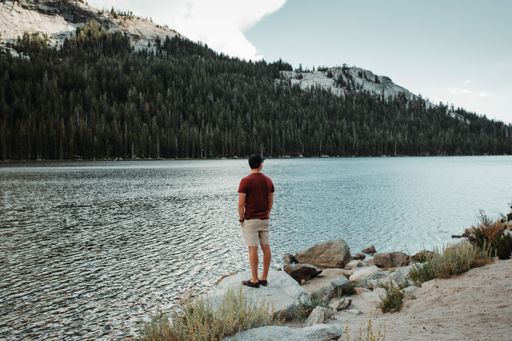 A scenic view of a man standing near a lake in Yosemite National park