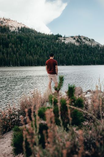 A scenic view of a man standing near a lake in Yosemite National park