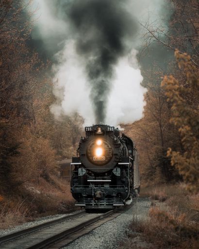 A vintage steam train chugging along on its tracks, surrounded by a forest in Cleveland, United States
