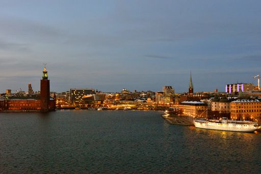 Buildings and the lake in the evening in Stockholm