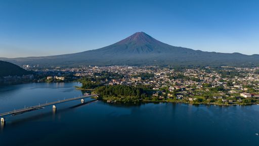 Lake Kawaguchi the Fujikawaguchiko town and the Mt Fuji, summer in Japan - Aerial view