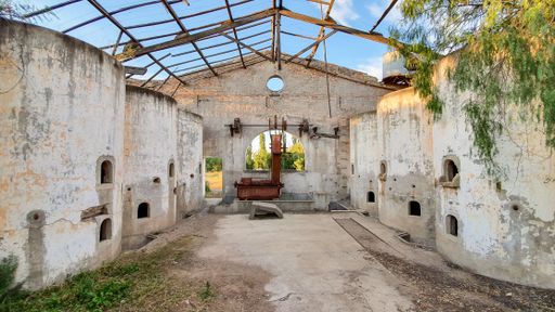 A closeup shot of concrete fermentation tanks in an abandoned winery