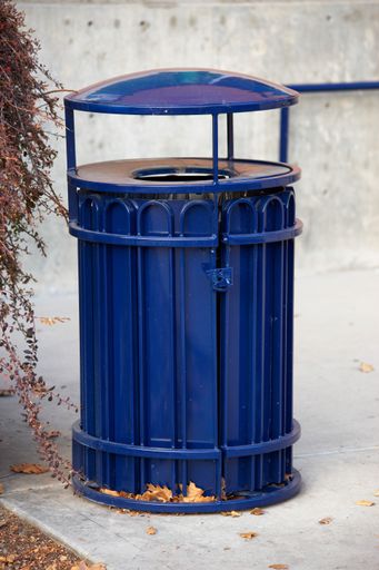 A vertical shot of a blue trash can outdoors