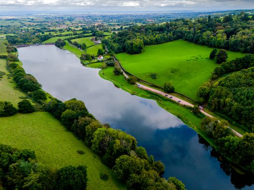 An aerial view of Hawkridge Reservoir near Spaxton in Somerset England