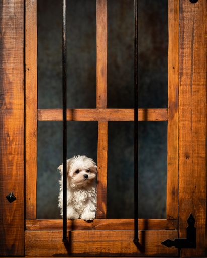 A cute Westie puppy standing on a wooden window frame with smoke behind