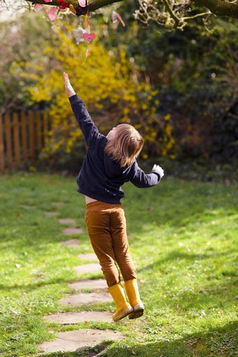 A cute blonde Netherlandian kid jumping towards the tree branch with flowers in the garden