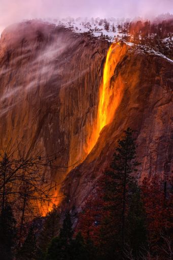 Aerial shot of the iconic Horsetail Fire Falls in Yosemite National Park, California