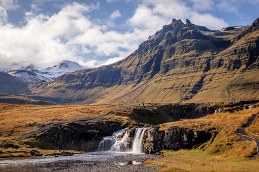 A wide angle shot of the mountains of Kirkjufell, Iceland during daytime
