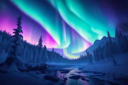 Majestic aurora lights illuminate a pristine snow-covered mountain lake in a tranquil forest setting