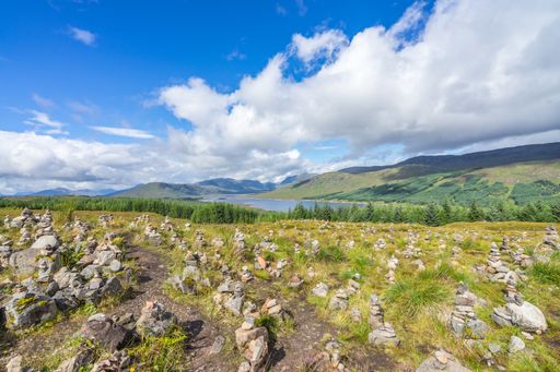 The balancing stones in a typical Highlands landscape near Loch Clunie, Scotland, England