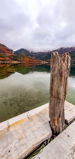 A vertical shot of a broken wooden stick coming out of planks with a beautiful landscape in the back