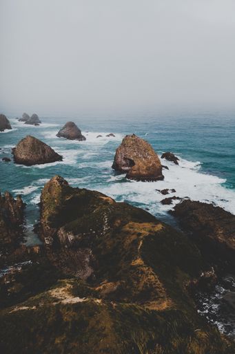 A vertical shot of large rocks in nugget point ahuriri, new zealand with a foggy background
