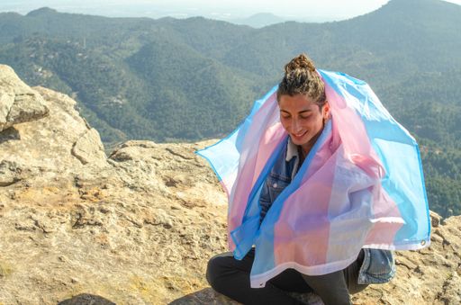 Picture of Happy Long Hair Topknot Trans Man Smiling sitting at the Mountain Cliff with LGTB Trans Flag Blue and Pink as a Cape