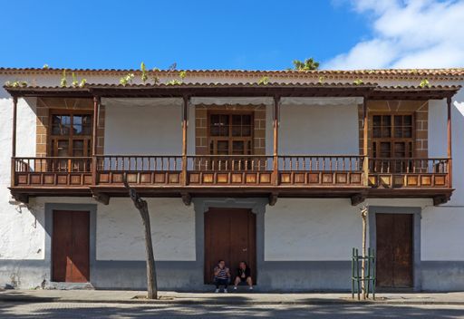 Typical house with wooden balcony in Teror, Gran Canaria, Spain, one of th Canary Islands, located near north-west coast of Africa, in Atlantic Ocean