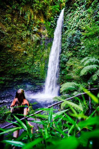 A vertical shot of a Brazilian traveler in the Columbia River Gorge National Scenic Area Hood, USA