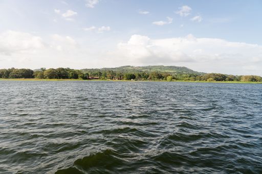 A tranquil lake nestled in a lush, green forest with a majestic mountain in the background