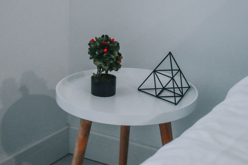 A closeup shot of a white table with a small house plant and decorative triangle figure