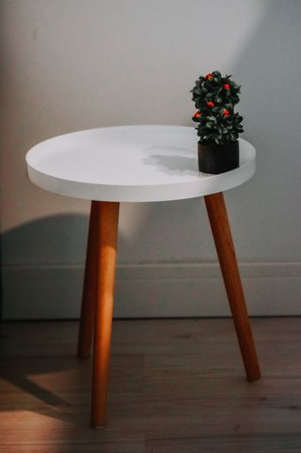 A vertical shot of a simple round table with a potted flower on it