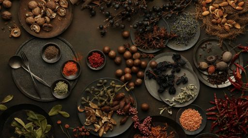 A top view of different types of spices, nuts, herbs, and other types of food on the table