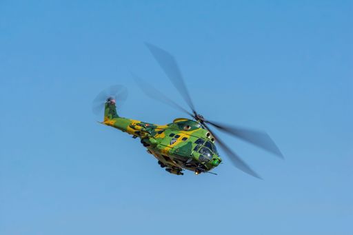 Bucharest, Romania - 26 August 2023: A helicopter IAR 330 Puma of Romanian Air Force flying at Bucharest  International Air Show (BIAS 2023)