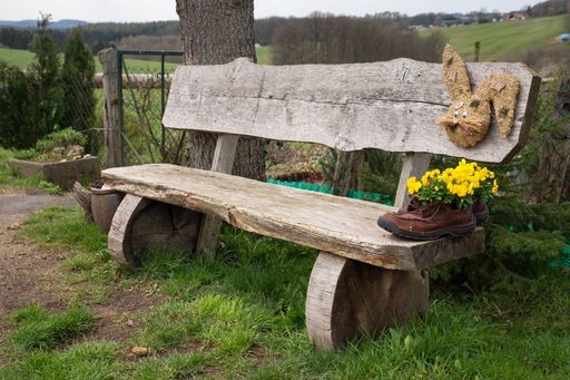 A closeup shot of yellow flowers on the shoes on the wooden bench in the garden