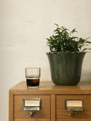 A wooden cabinet with a plant pot and a glass of a drink