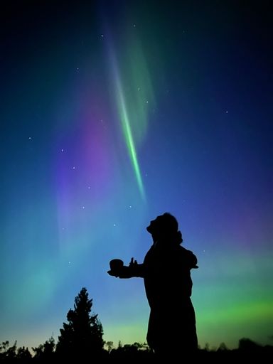 A silhouette of a female in awe, against a backdrop of a beautiful, vibrant aurora in the night sky