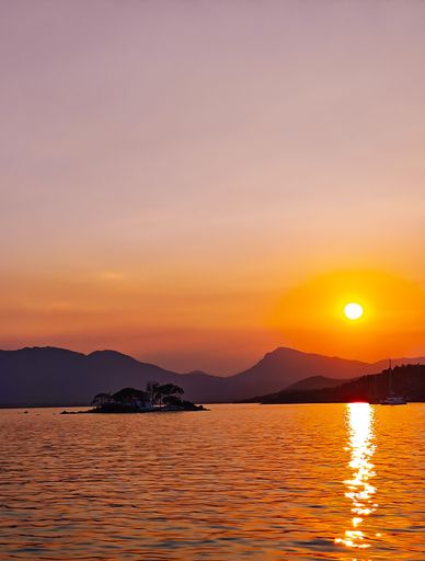 An orange sunset sky reflecting upon the tranquil waters of a lake, with mountains in the background