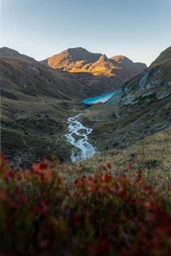 Sunset landscape view of a valley with red blueberries' bushes in the foreground and a stream winding through the meadow to the turquoise Moiry lake