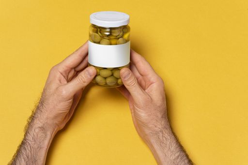 Hands holding green olives conserve in a glass jar and blank label on a yellow background