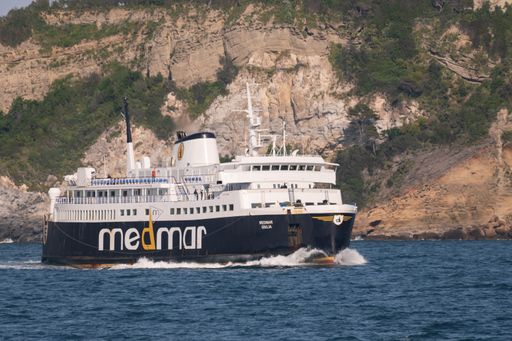 Italian medmar sea ferry traveling to Naples. Ischia, Italy, May 13th 2021.