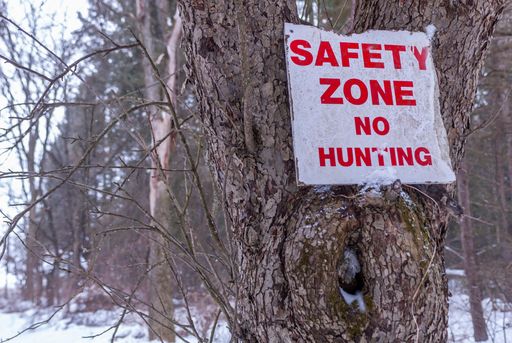 A selective focus shot of a "safety zone no hunting" signage on a tree during winter with a blurred background