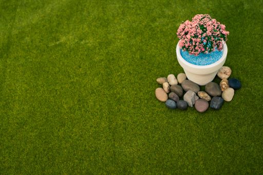 A closeup of a flower pot with an ornamental blossom tree surrounded by stones on the grass