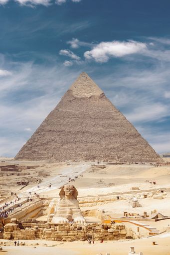 The ancient Egyptian pyramids and the Great Sphinx of Giza against the sky