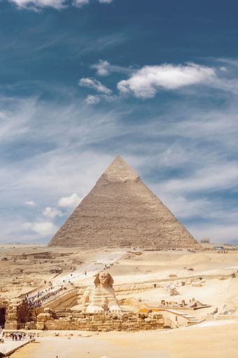 The ancient Egyptian pyramids and the Great Sphinx of Giza against the sky