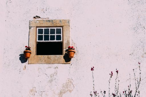 A beautiful shot of a pink building's window decorated with red flowers in flowerpots in Obidos