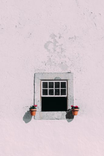 A vertical shot of a pink building's window decorated with red flowers in flowerpots in Obidos