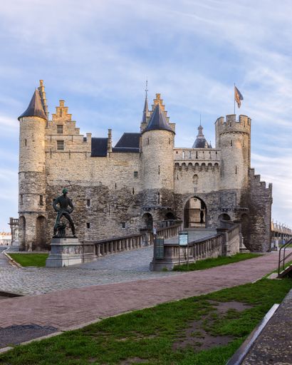 A closeup of  Het Steen is a medieval fortress in the old city center of Antwerp, Belgium