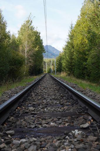 A scenic view of a train track surrounded by lush greenery, rocks, and grave