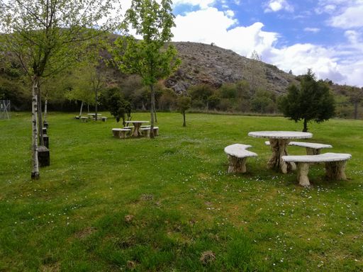A beautiful natural outdoor picnic area with stone and wooden tables