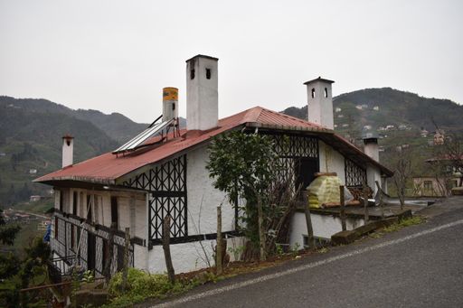 A shot of a typical cultural house with a reconstructed roof and chimney in the rural environment.