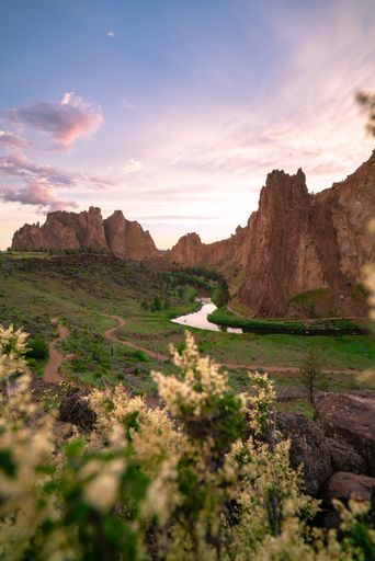 A beautiful scenery of high rocky cliffs with a lot of bushes under a cloudy sky