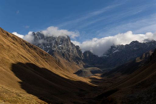 A beautiful shot of scenic views around Mount Chaukhi, village of Juta, Georgia