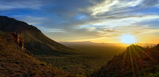A scenic view of sunset over the Gates Pass in Tucson, AZ